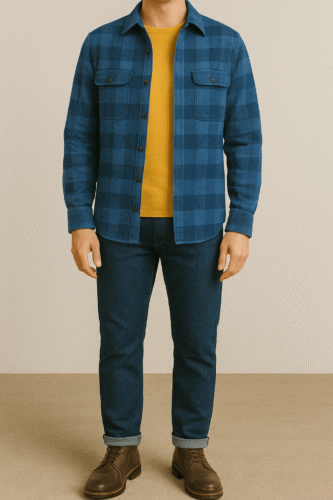 Chemise bûcheron bleue avec T-shirt jaune - Comment porter un T-shirt avec une chemise ouverte