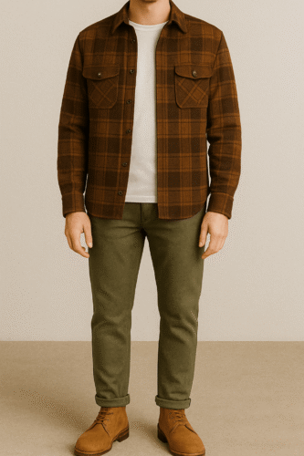 Chemise bûcheron marron avec T-shirt gris - Comment porter un T-shirt avec une chemise ouverte