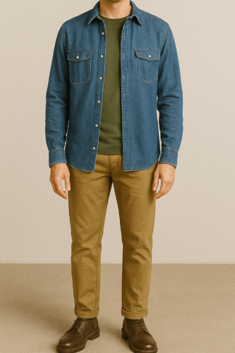 Chemise denim avec T-shirt kaki - Comment porter un T-shirt avec une chemise ouverte