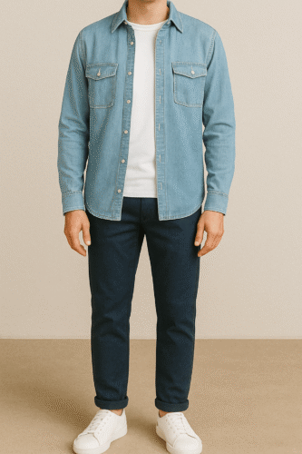 Chemise denim avec T-shirt blanc - Comment porter un T-shirt avec une chemise ouverte
