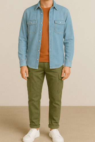 Chemise denim avec T-shirt orange - Comment porter un T-shirt avec une chemise ouverte