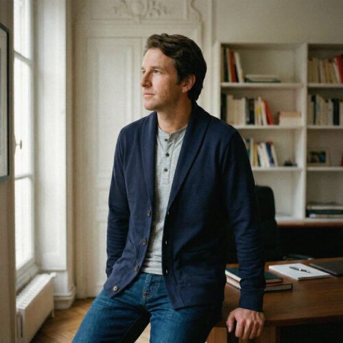 Cardigan col châle - Bleu abysse avec Henley gris ciment - GoudronBlanc