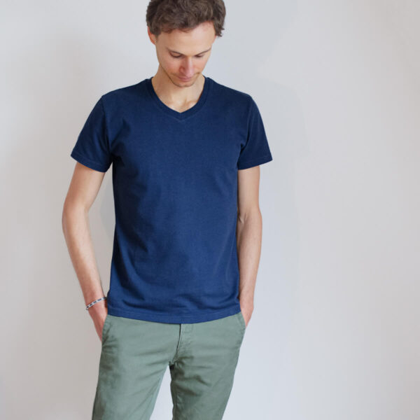 T-shirt Col V Bleu-vert - Coton, Occasion Très Bon état - Basique Simple