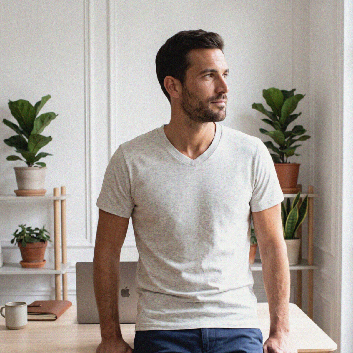 T-shirt col V gris sable pour homme - GoudronBlanc - Haute qualité
